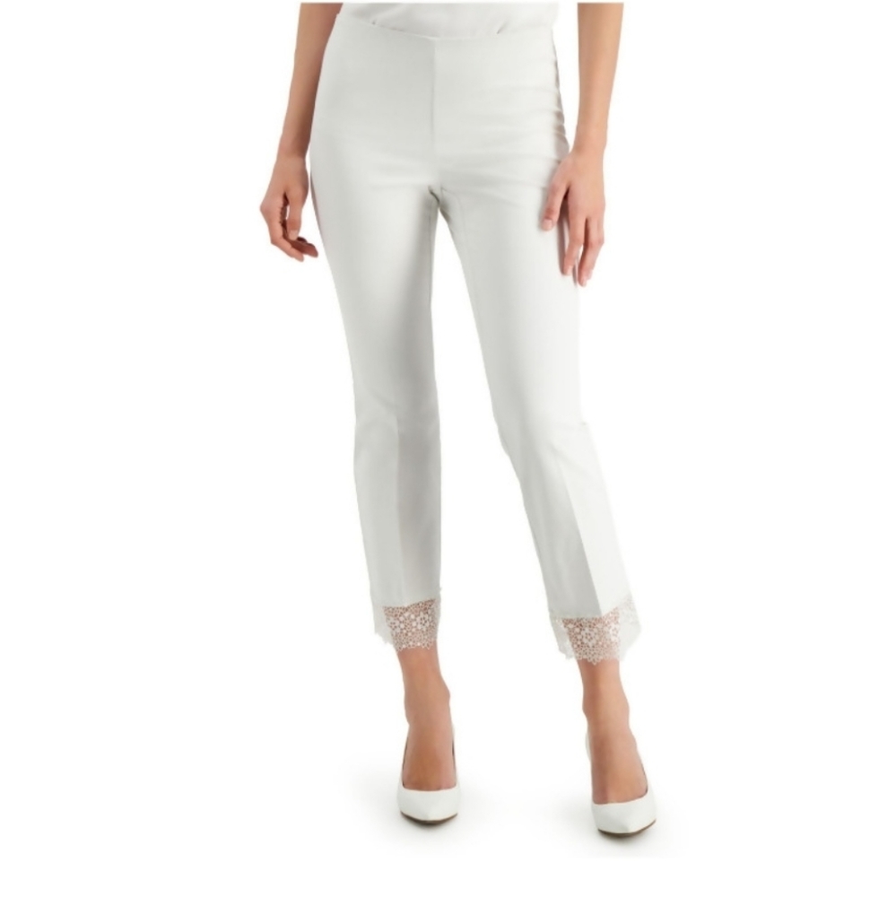 Alfani Women's Pants White Size 16 Plus Lace-Hem Ankle Cropped Stretch